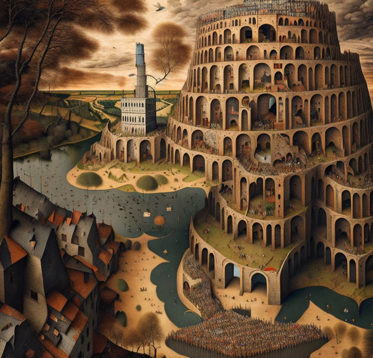 Large circular Colosseum-like structure in surreal painting surrounded by dark, moody landscape.