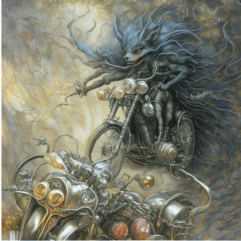 Mystical creature on motorcycle in ethereal setting