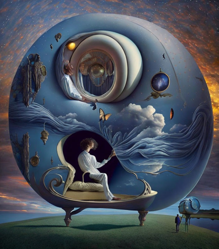 Surreal digital artwork: child in swirling orb with dreamlike elements