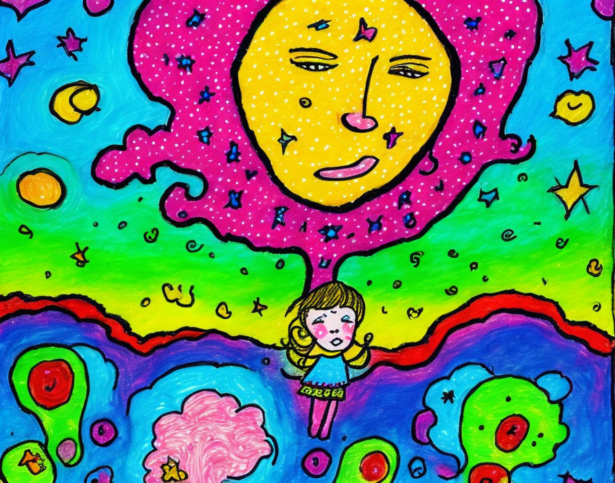 Child's drawing with yellow face, girl, and cosmic patterns.