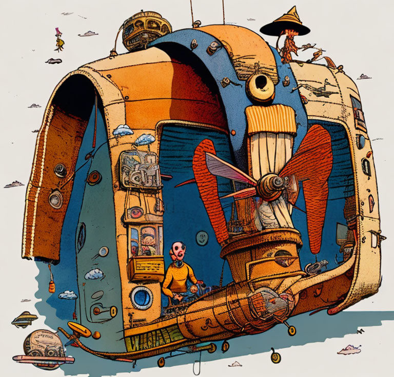 Whimsical flying house-shaped vehicle with quirky characters and contraptions