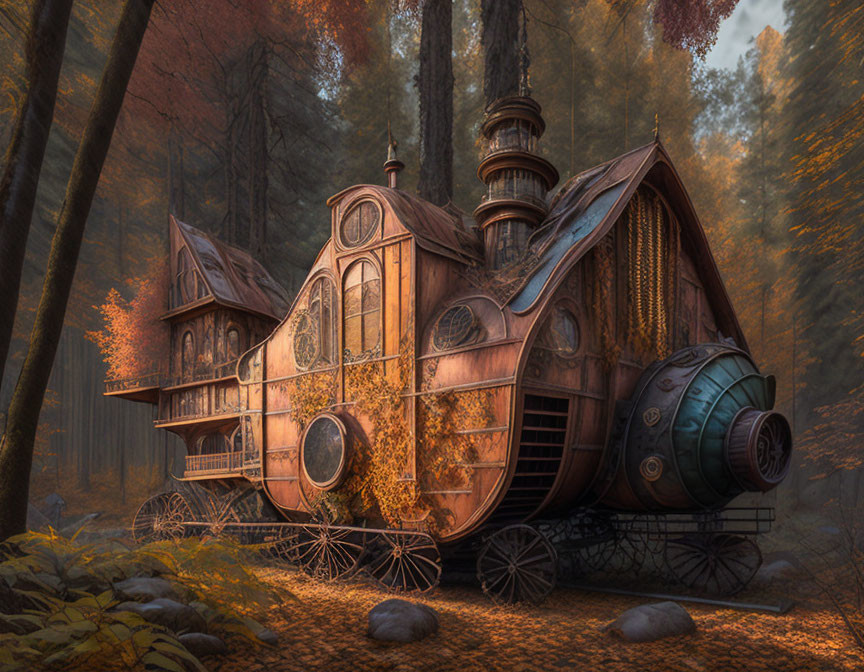 Steampunk-style House on Wheels in Autumn Forest