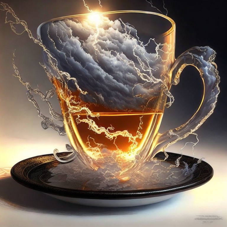 Surreal tea cup with storm and lightning brewing inside