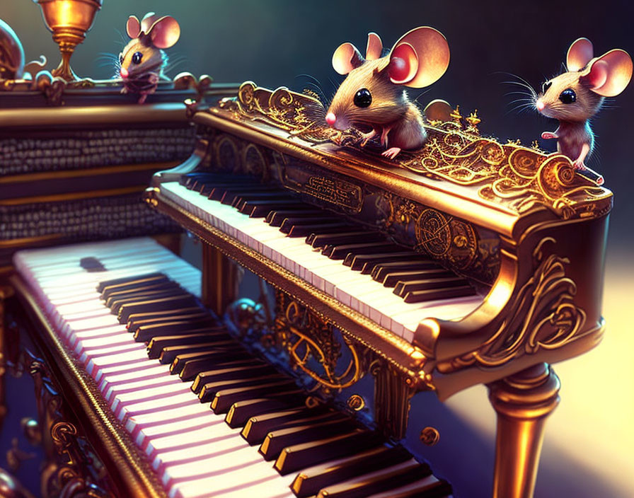 Animated mice on grand piano in warm golden setting