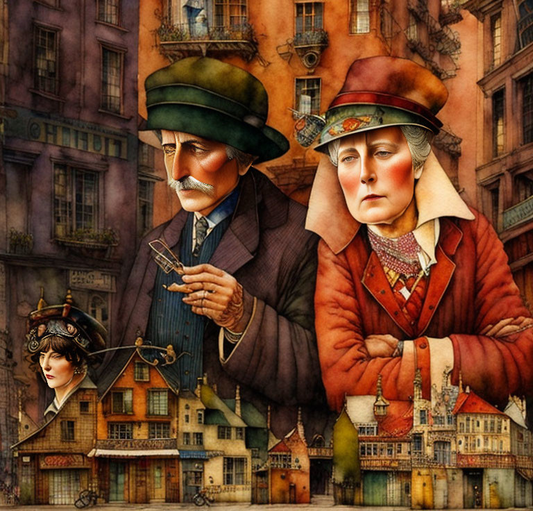 Elderly Victorian couple in surreal cityscape illustration