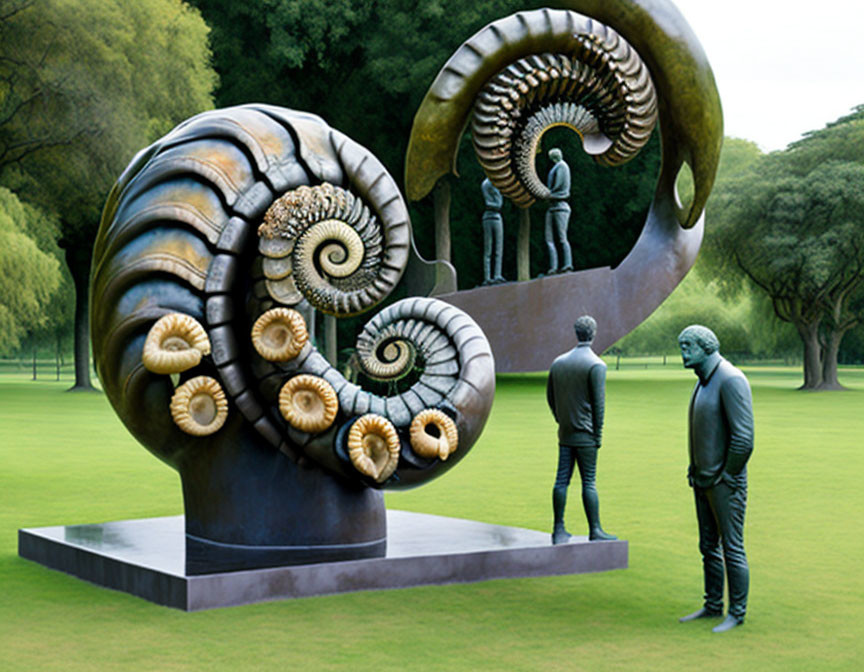 Outdoor sculpture of two figures with large snail-shell on pedestal