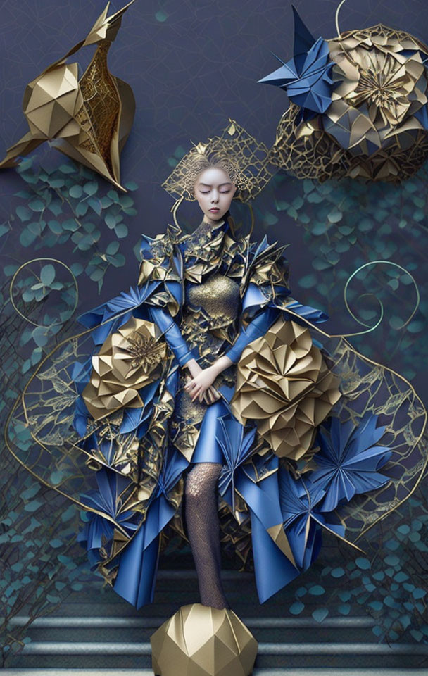 Elaborate blue and gold geometric dress with origami-like details against floral backdrop