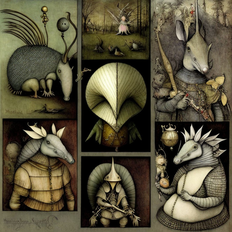 Nine anthropomorphic armadillos in medieval and fantasy outfits illustrations.