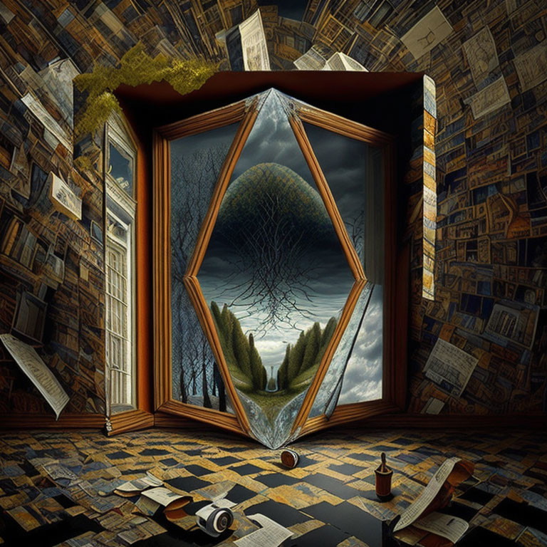 Surreal room with book-lined walls, diamond-shaped window, floating books, ink, and qu