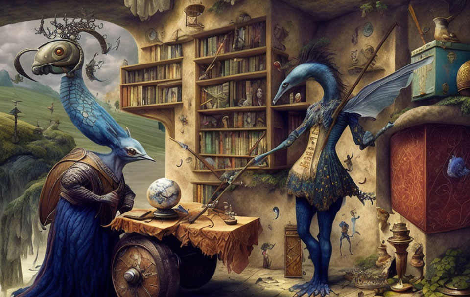 Fantastical bird-like creatures in vintage room with books and artifacts