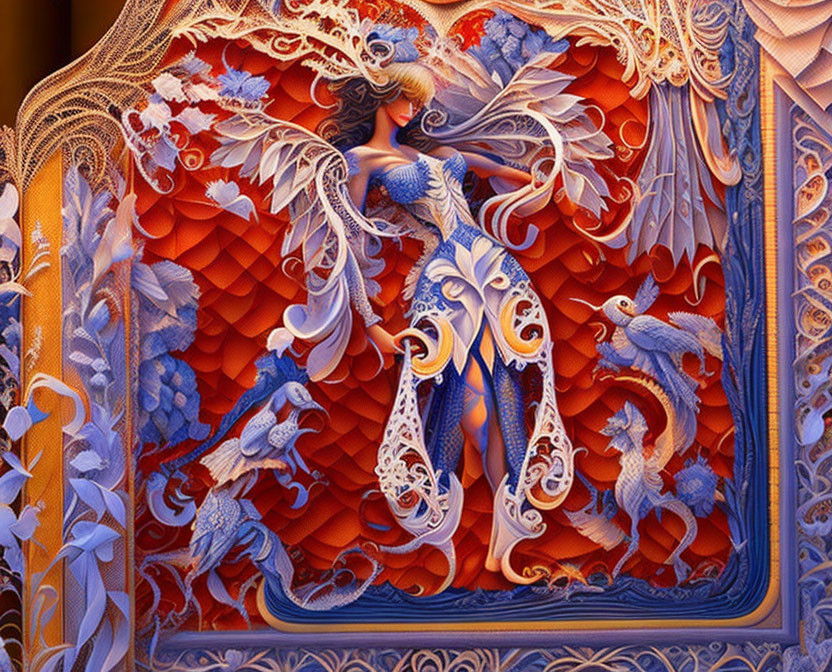 Detailed paper art with central blue figure and ornate red, orange, and white bird patterns.