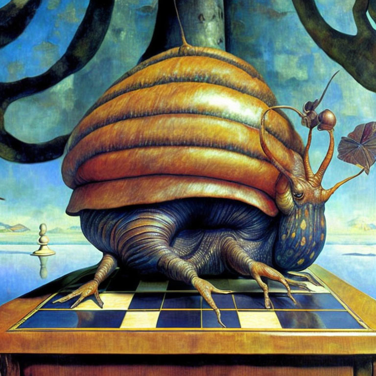 Surreal painting of giant snail playing chess with ant on checkerboard surface