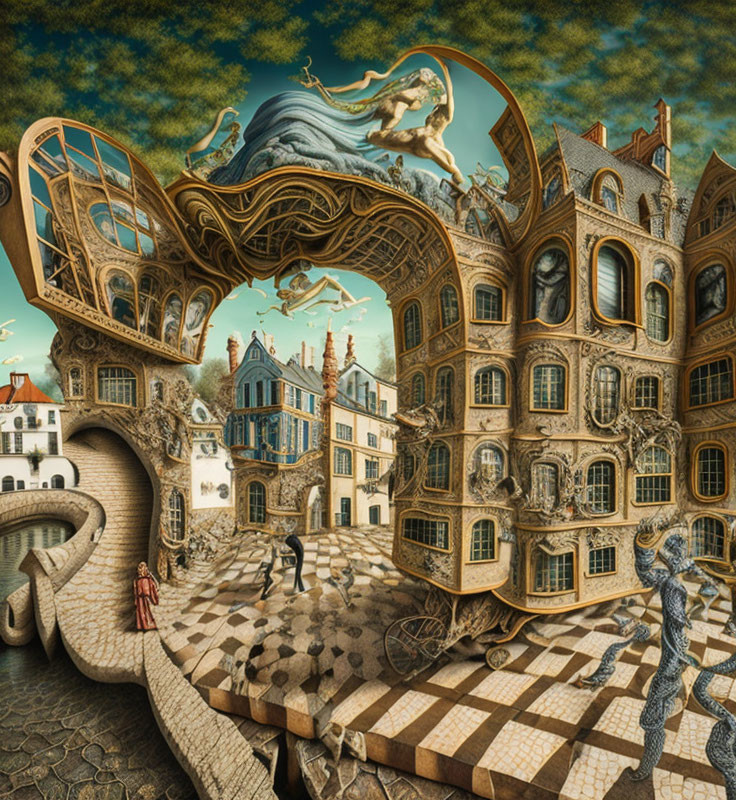 Surreal painting with impossible architecture and fluid structures