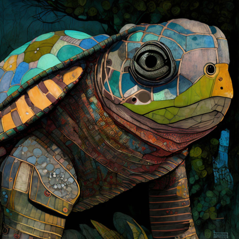 Colorful Stylized Turtle Illustration with Mechanical and Organic Elements