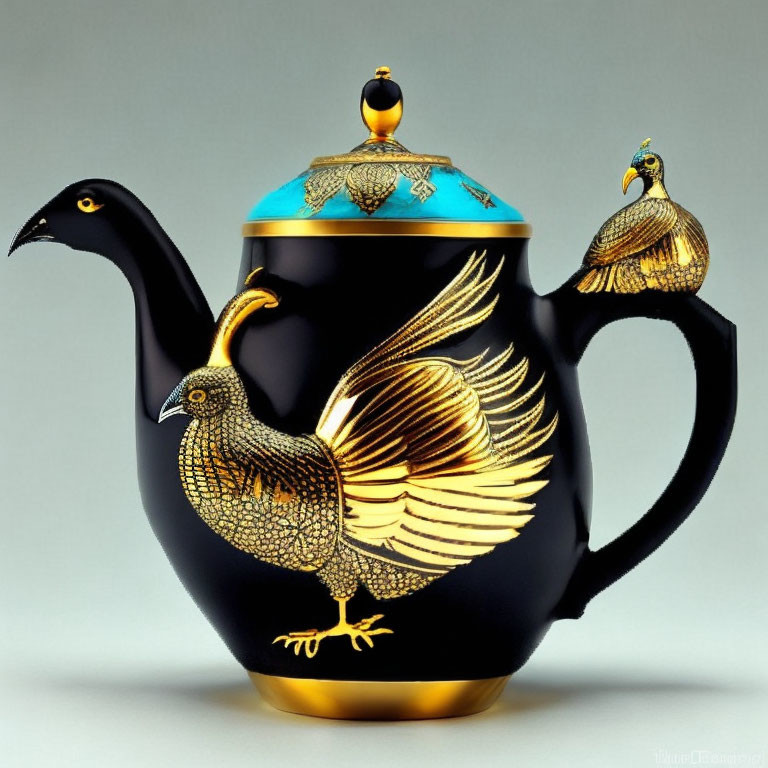 Peacock Design Teapot with Gold and Blue Colors