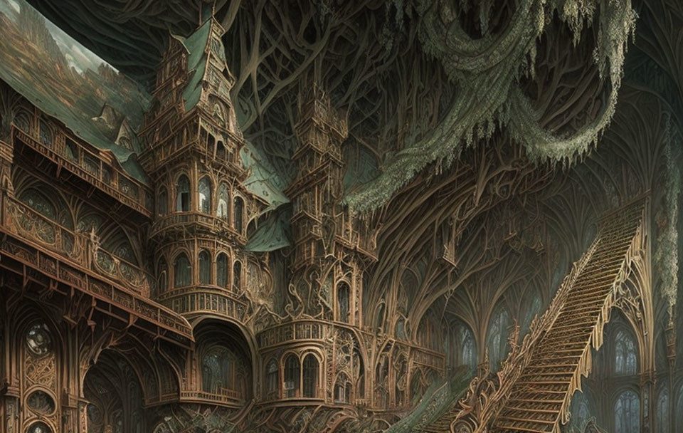 Intricate Gothic-style interior with wooden structures and vines