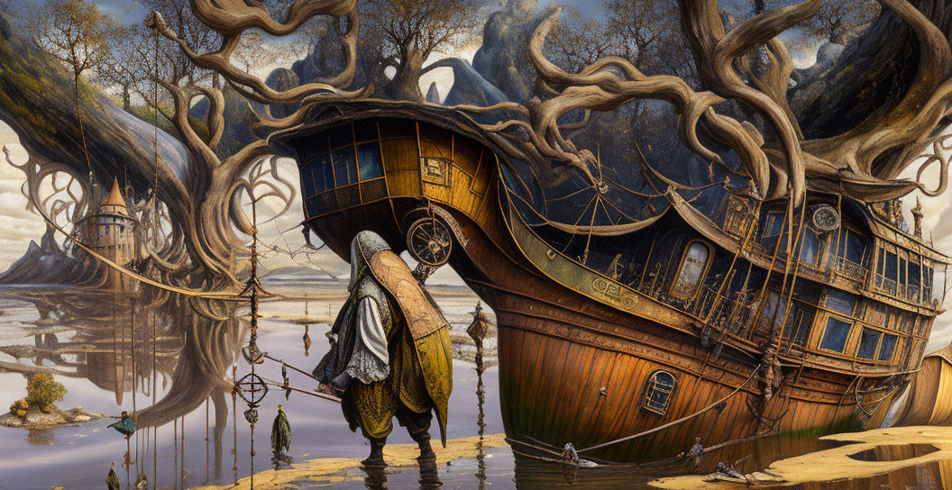 Surreal landscape with old ship, tree-like extensions, mirrored water, and cloaked figure