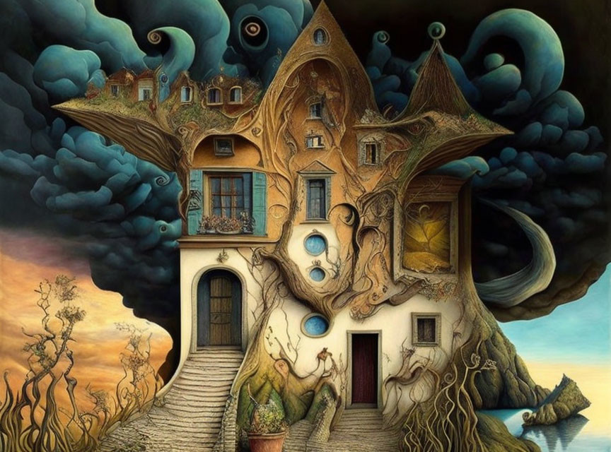 Whimsical surreal painting of dream-like house and floating islands