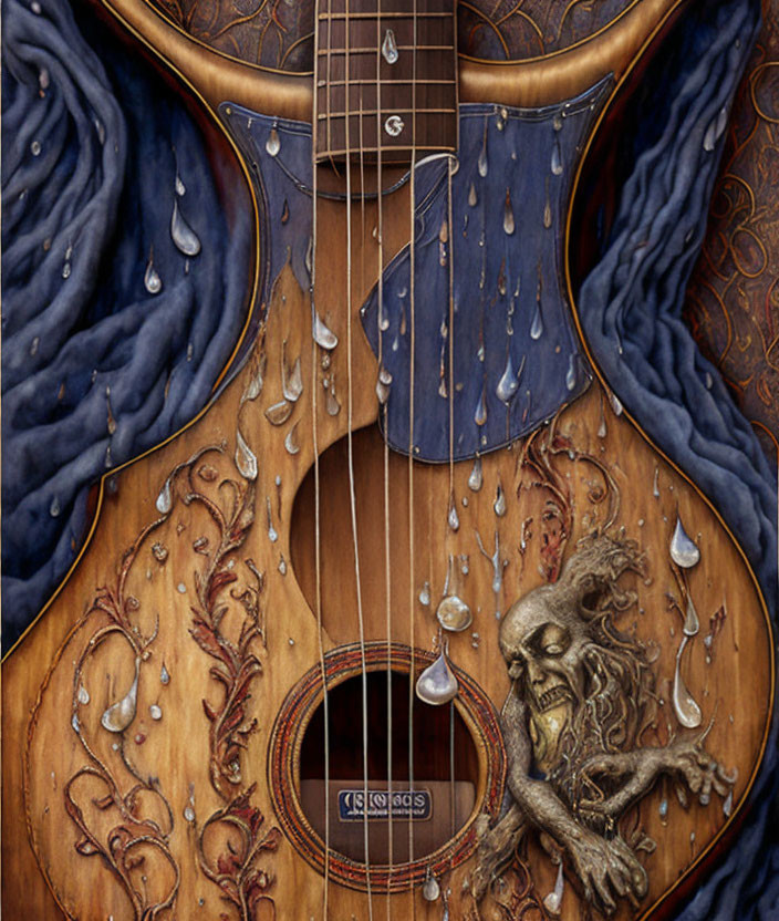 Ornate guitar illustration with water droplets, skull imagery, and blue fabric design