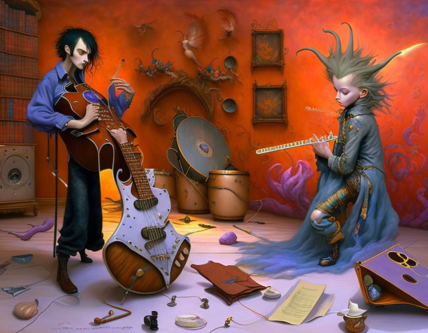 Fantasy Artwork: Two Characters Playing Instruments in Whimsical Room