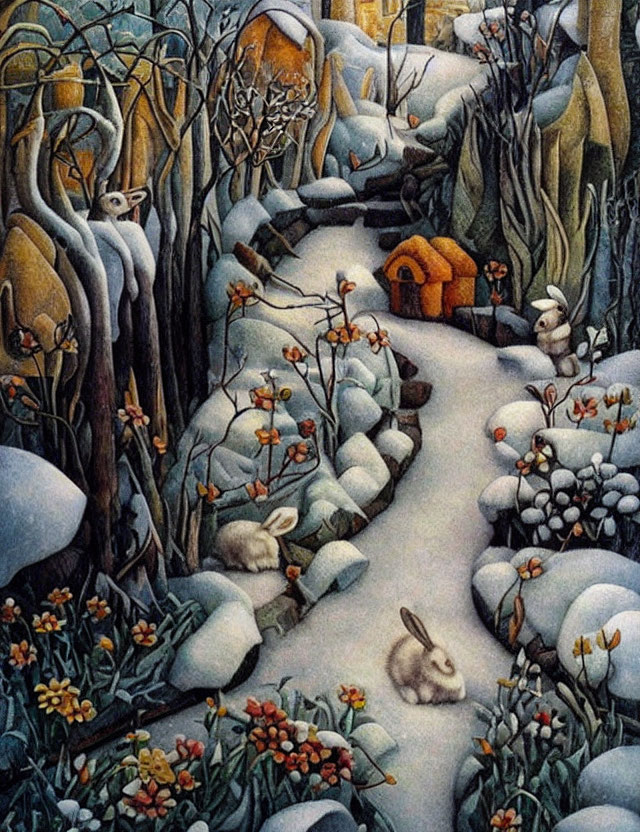 Snowy path to cozy orange house in whimsical winter scene