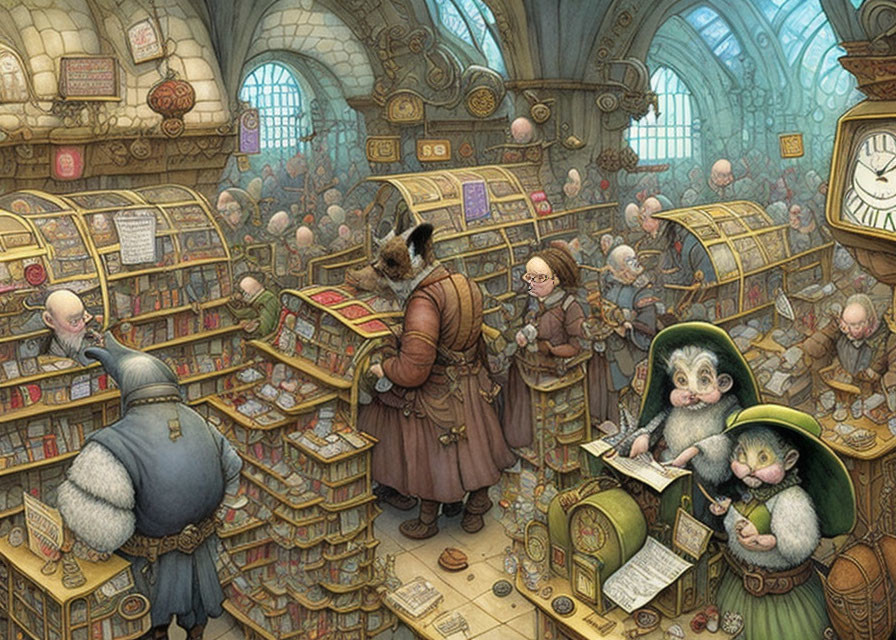 Fantastical anthropomorphic animals in crowded library setting