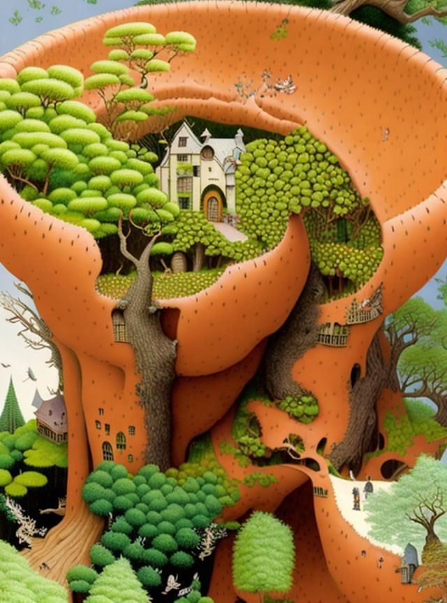 Fantastical orange tree illustration with integrated houses and pathways