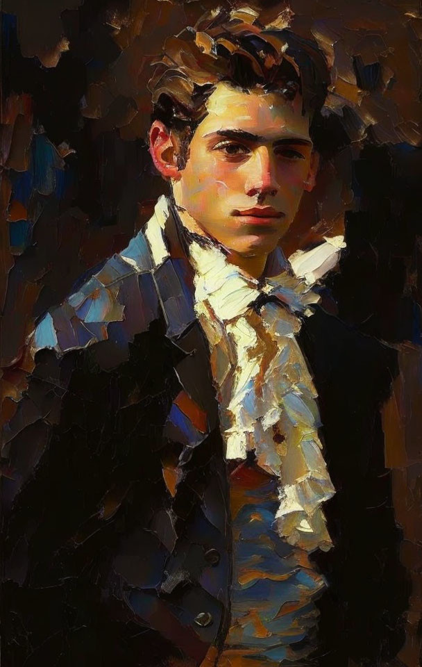 Portrait of a young man in dark coat and white scarf in impressionistic style