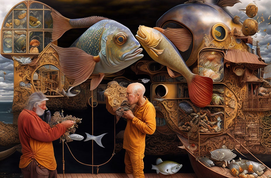 Surrealist artwork: Elderly men blowing glass with giant fish and intricate architecture