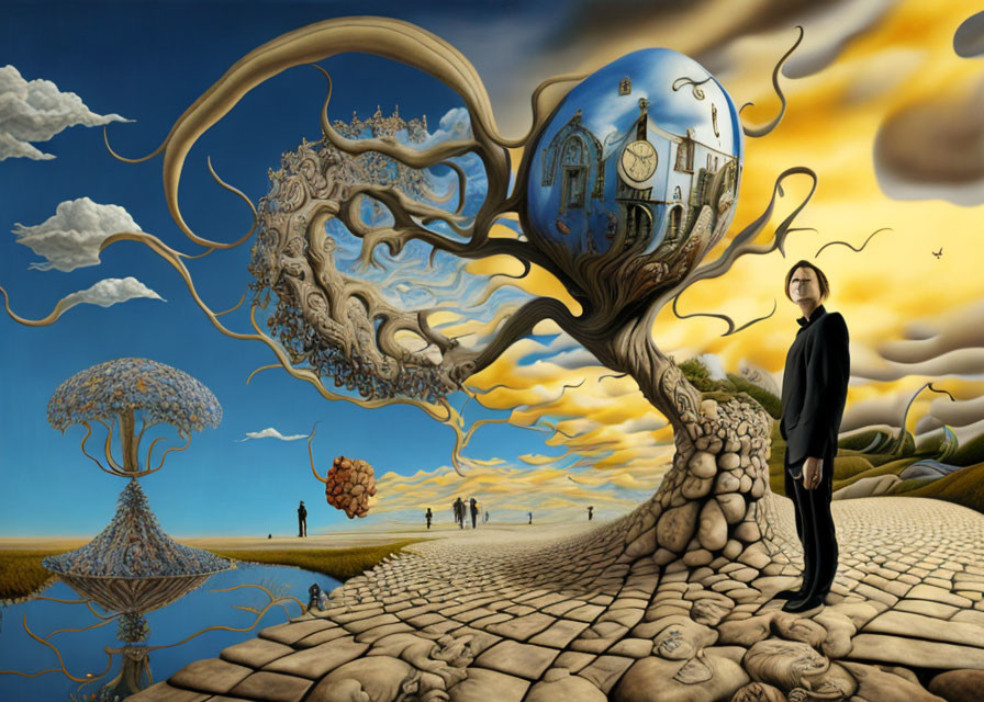 Surreal painting: man in black suit, architectural tree, people on pathway, cloudy sky