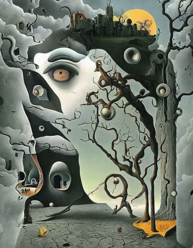 Surrealist painting with eye motifs, tree, and twisted architecture on cloudy sky background