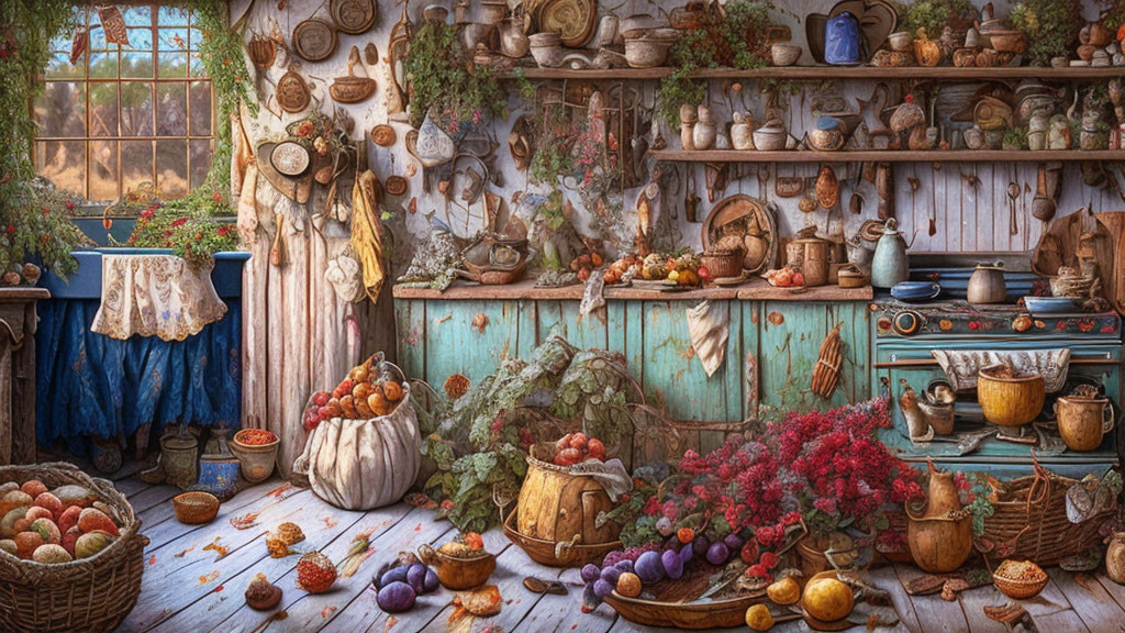 Rustic kitchen decor with fresh produce, garlic, herbs, kitchenware, and vintage wood stove