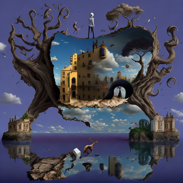 Surreal artwork: Mirrored tree structure, buildings, figure, floating islands in twilight sky