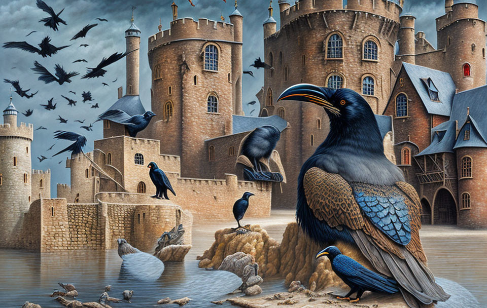 Fantasy illustration of oversized ravens and medieval castle under cloudy sky