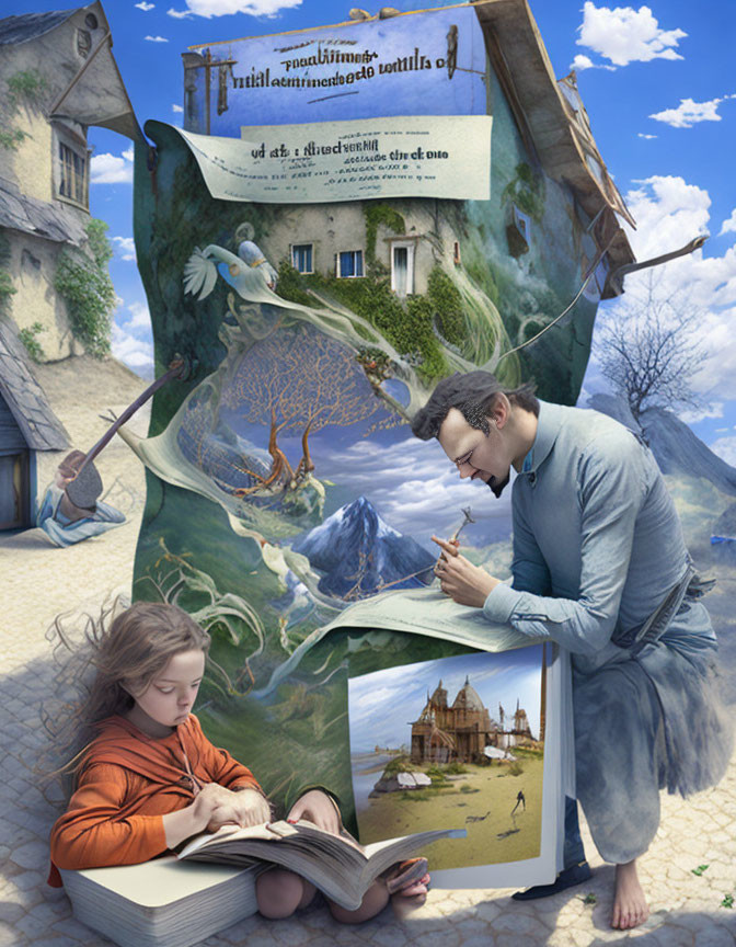 Man and child reading giant book with fantastical scenes blending reality and story