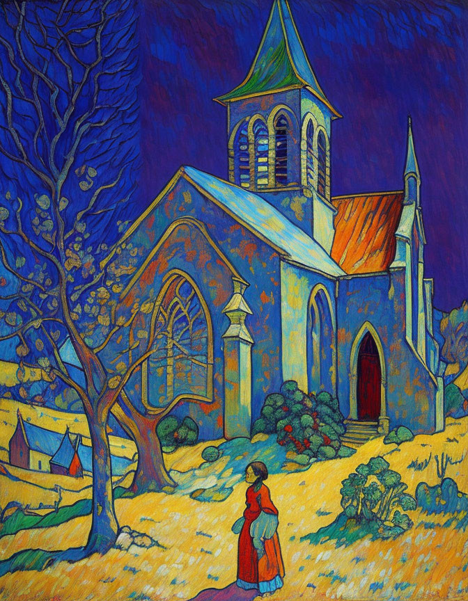 Vibrant expressionist painting of church at night with lone figure in red