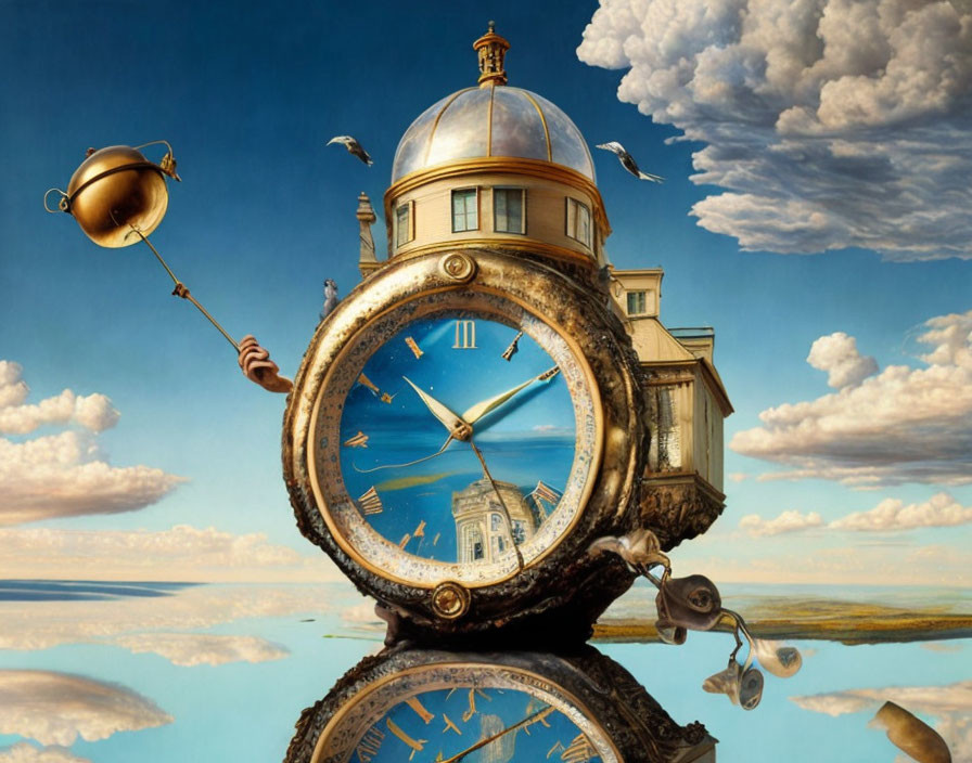 Surreal painting: pocket watch, building, seagulls, calm water, blue cloudy sky