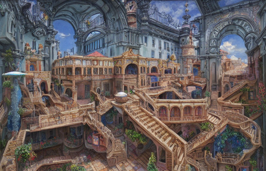 Intricate Fantasy Cityscape with Escher-like Impossible Architecture