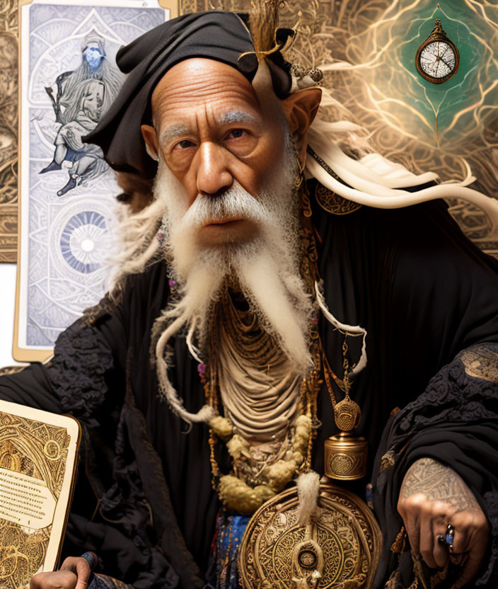 Elderly wizard figure with white beard, holding book and compass, surrounded by mystical symbols.