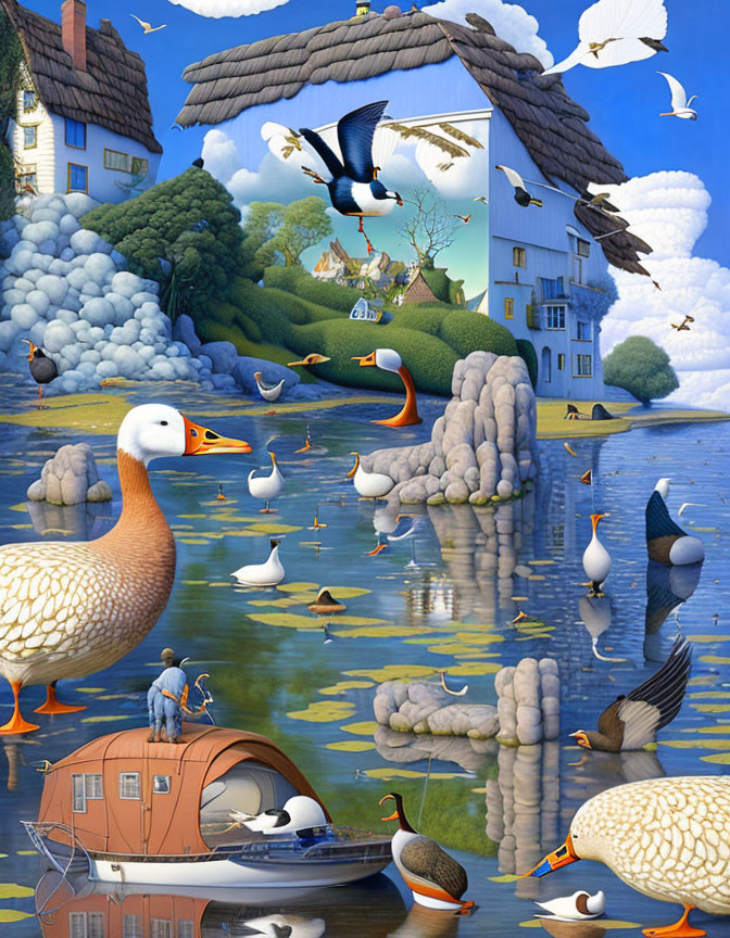 Surreal painting: Birds and architecture on water with duck-house bodies.