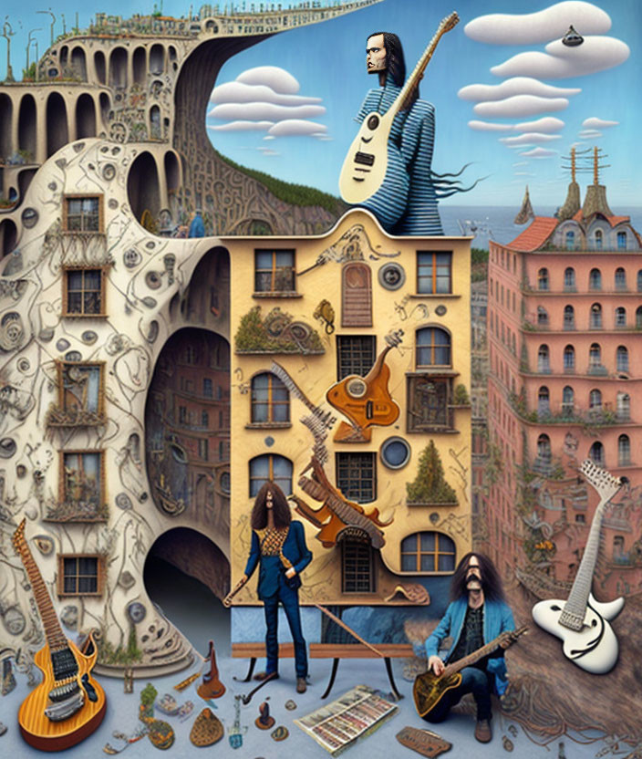 Surreal artwork: Architecture, music, guitar figures, floating instruments, clouds