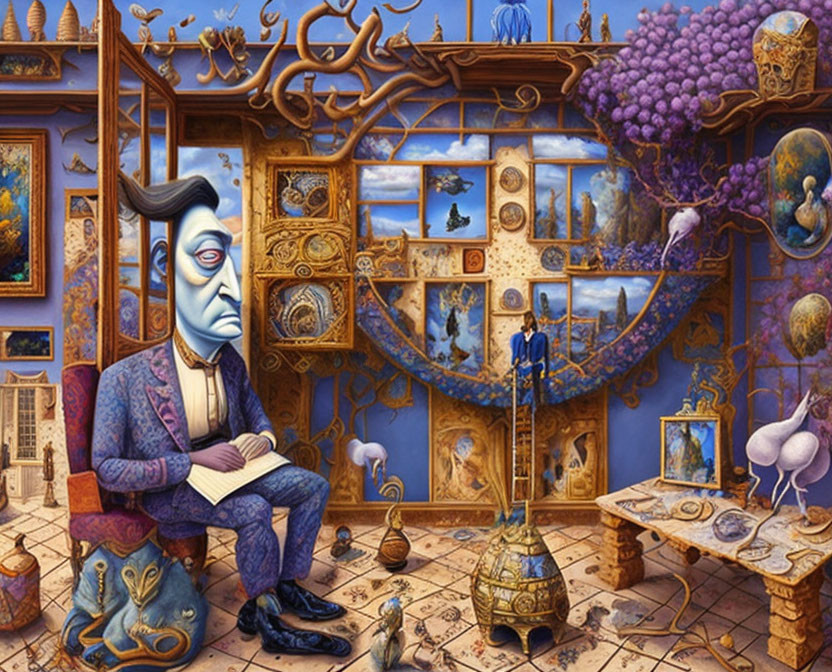 Surreal painting of solemn man with elongated features and fantastical elements