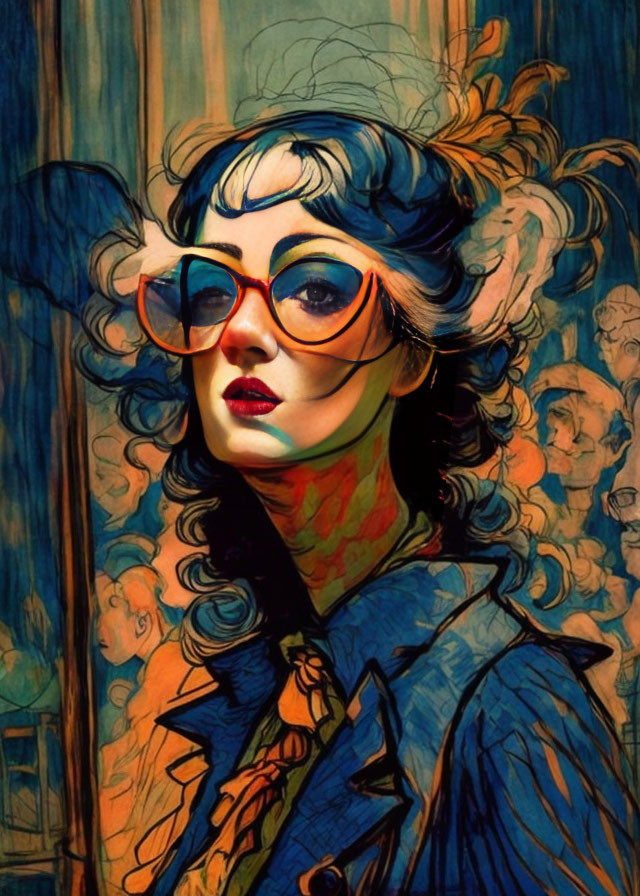 Colorful portrait of woman with round sunglasses and exaggerated features