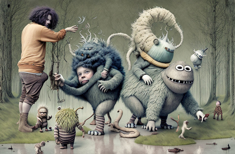 Fantastical forest scene with whimsical creatures and monster-like beings