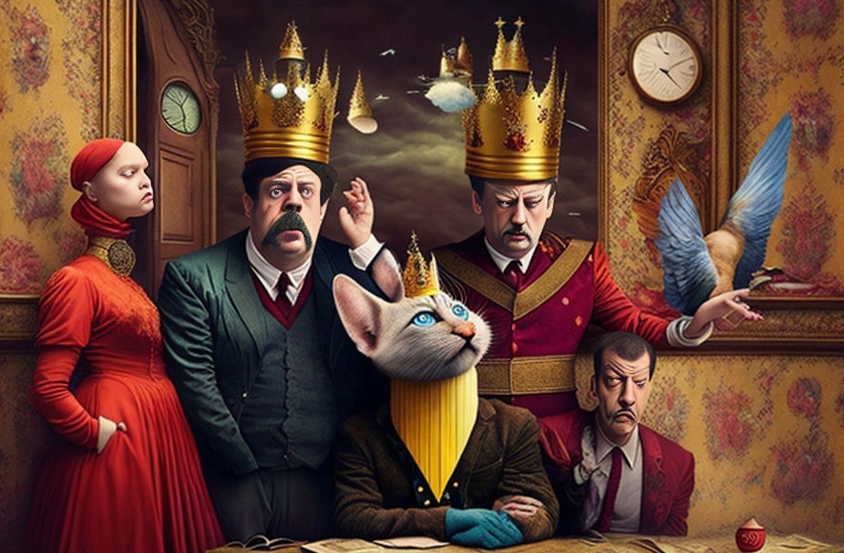 Surreal portrait of five characters with giant cat head, flying bird, and floating crowns in