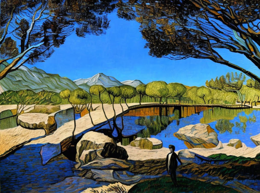 Scenic landscape painting with person by reflective river