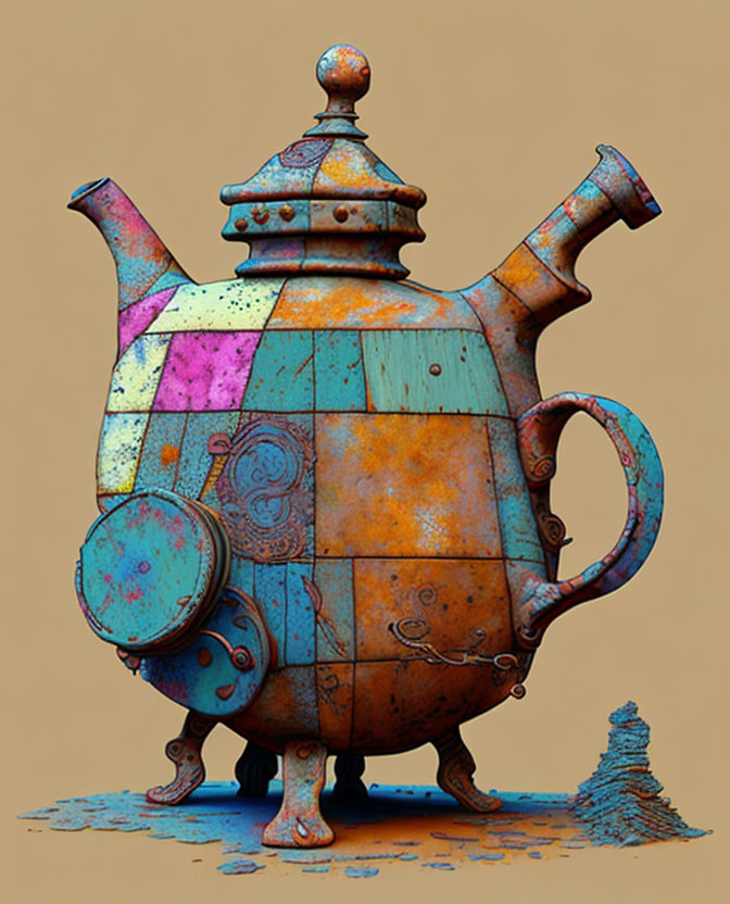 Colorful Rustic Teapot Illustration with Swirl Designs