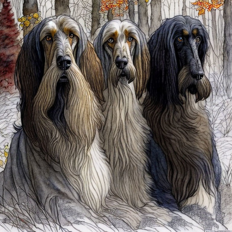 Three Afghan Hounds with Long, Silky Coats in Autumn Setting