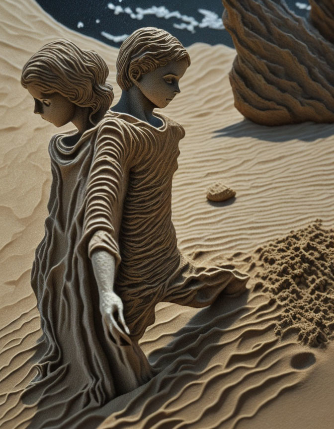 Intricately detailed statuesque figures in sandy landscape