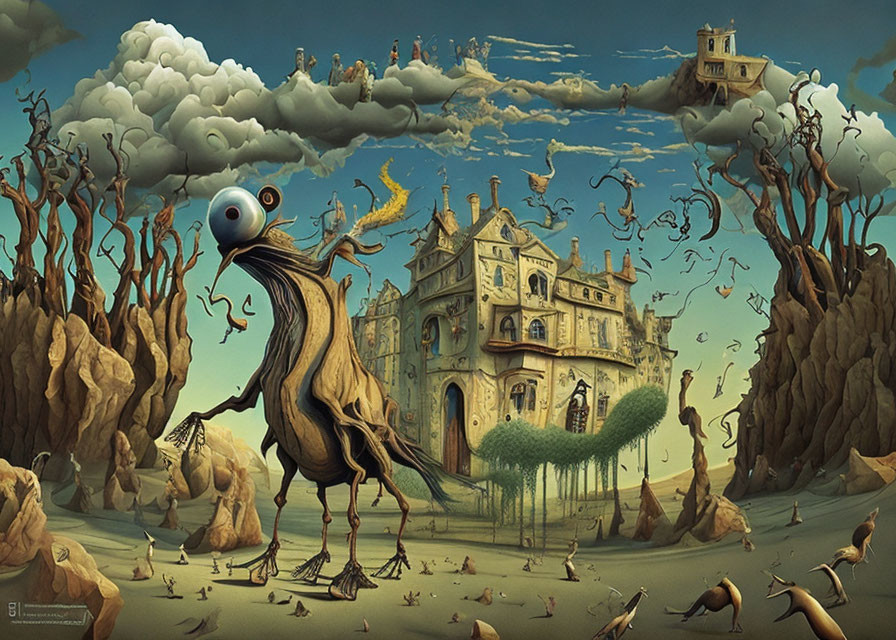 Surreal landscape with large-eyed creature, floating islands, castle, birds, and bare trees